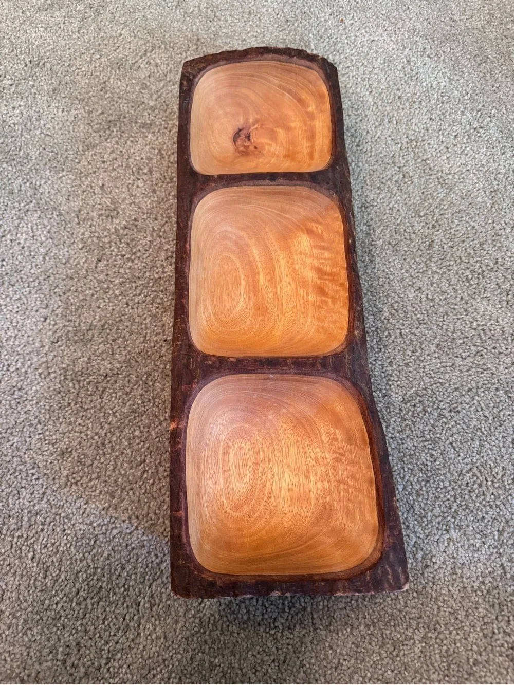 Hand-Carved Natural Wood Three Sectioned Serving Platter 18x6”